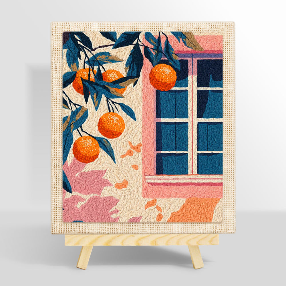 Pink window and orange tree punch needle kit for beginners
