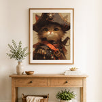 Finished pirate cat portrait cross stitch artwork displayed as home decor