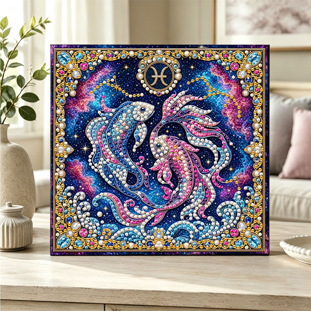 Finished pisces pearl diamond painting artwork displayed as home decor