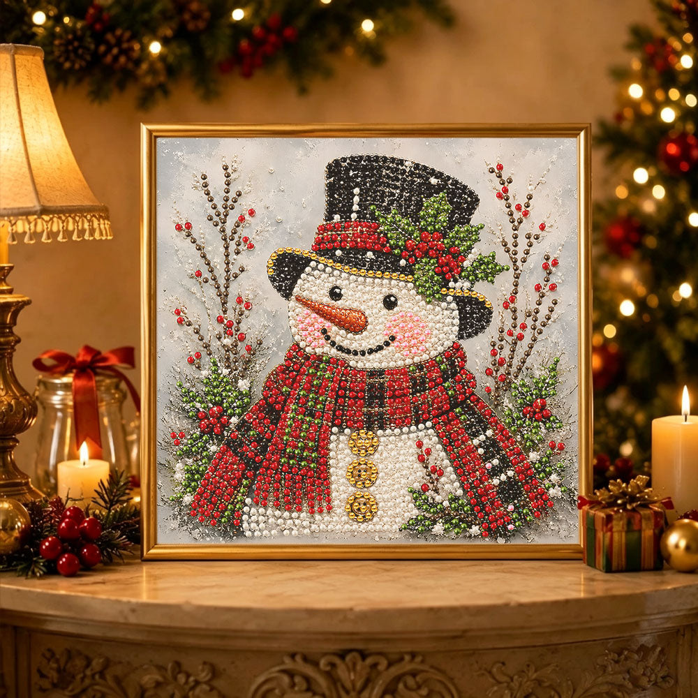Finished plaid scarf snowman pearl diamond painting artwork displayed as holiday home decor