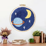 Finished planet, crescent moon and stars artwork displayed on a wall