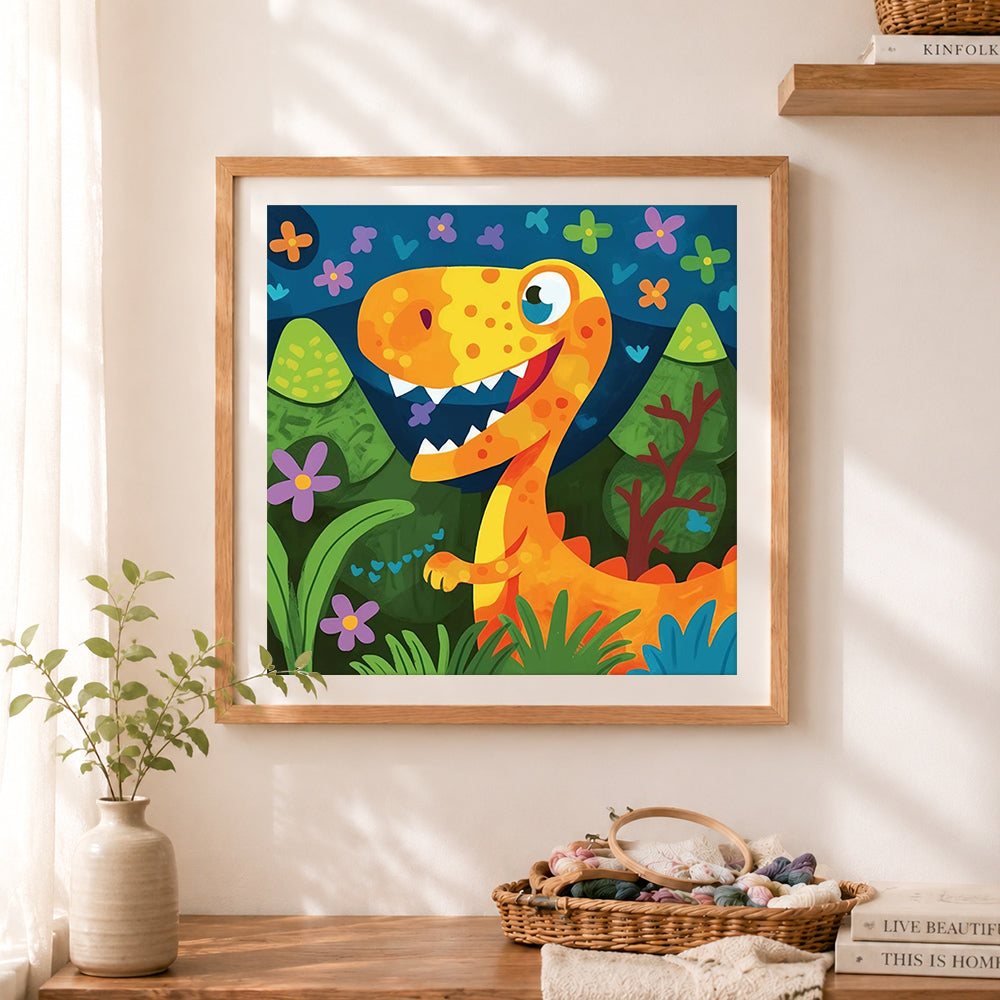 Finished playful cartoon dinosaur cross stitch artwork displayed as home decor