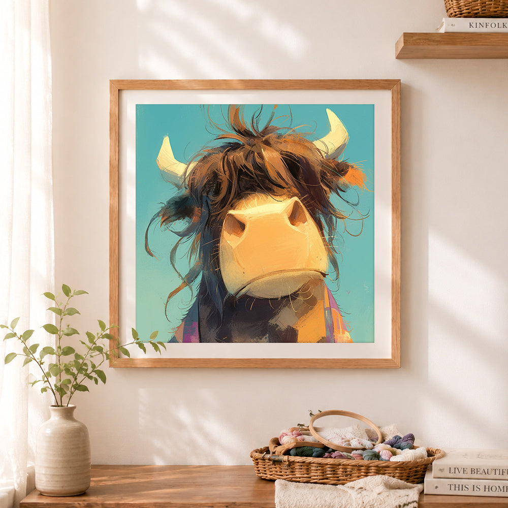 Finished playful cartoon highland cow portrait cross stitch artwork displayed as home decor