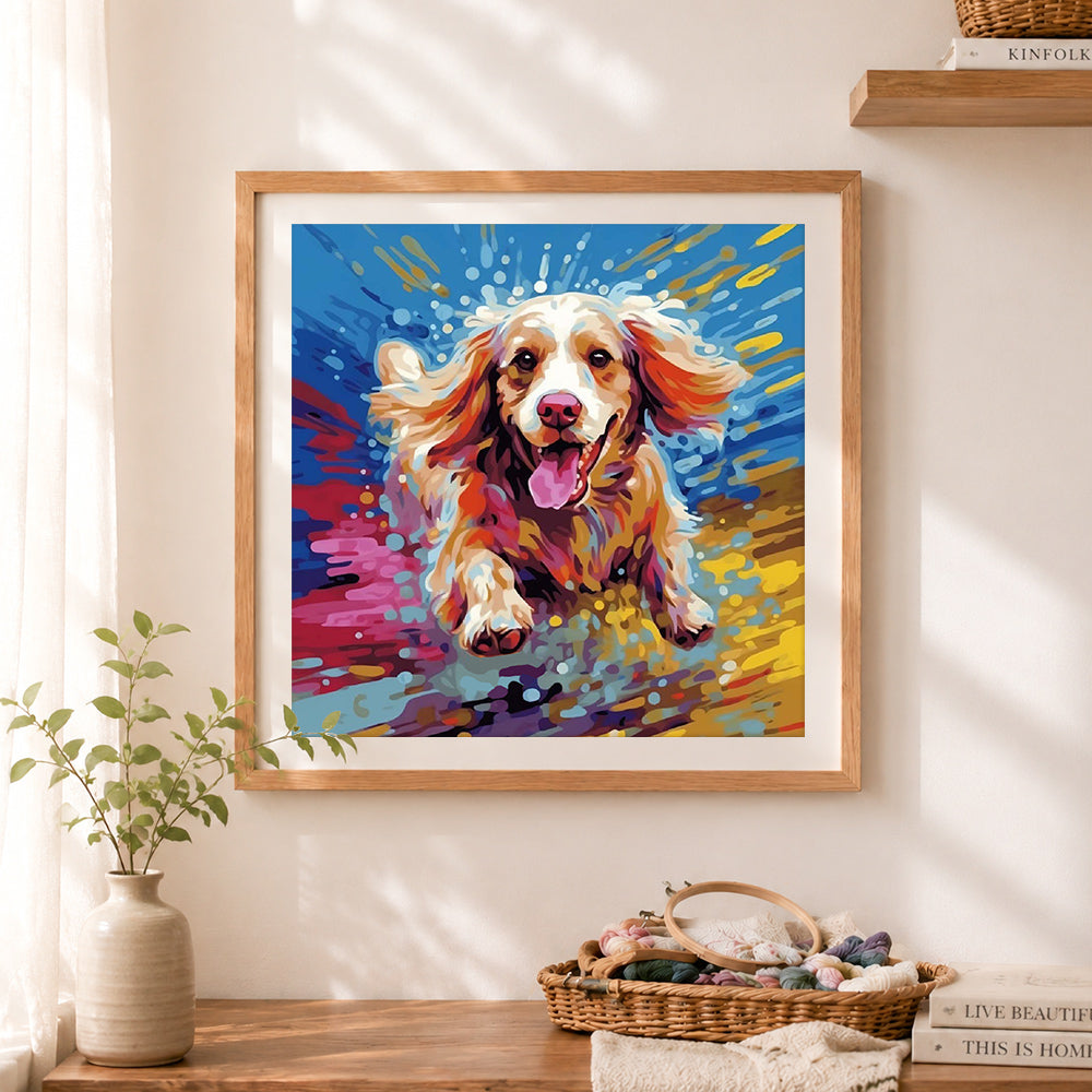 Finished playful dog in splash colors cross stitch artwork displayed as home decor