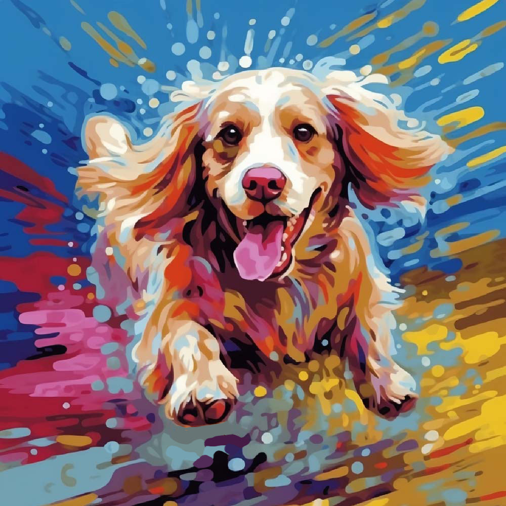 Playful dog in splash colors cross stitch kit for beginners