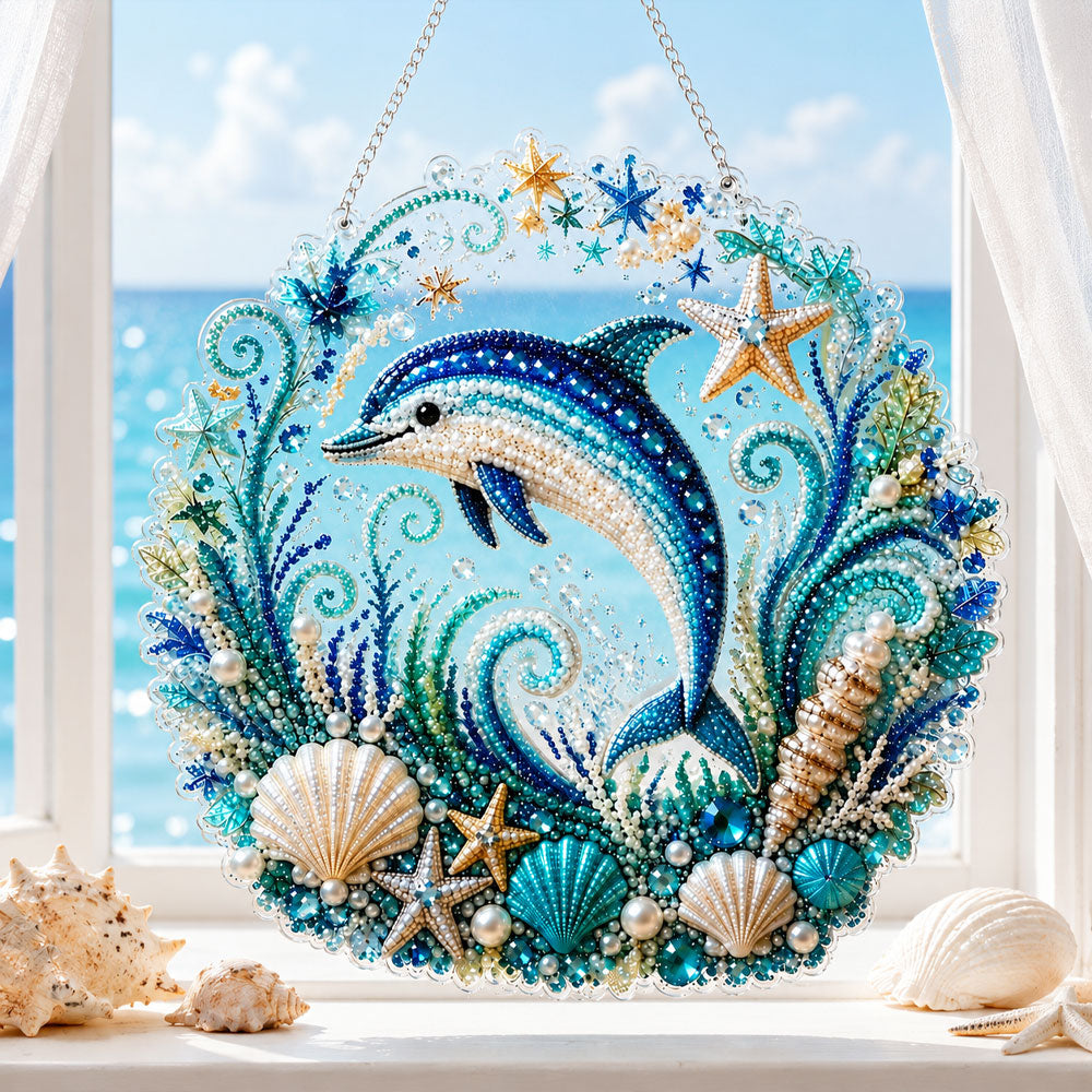 Finished playful dolphin pearl diamond painting artwork displayed as home decor