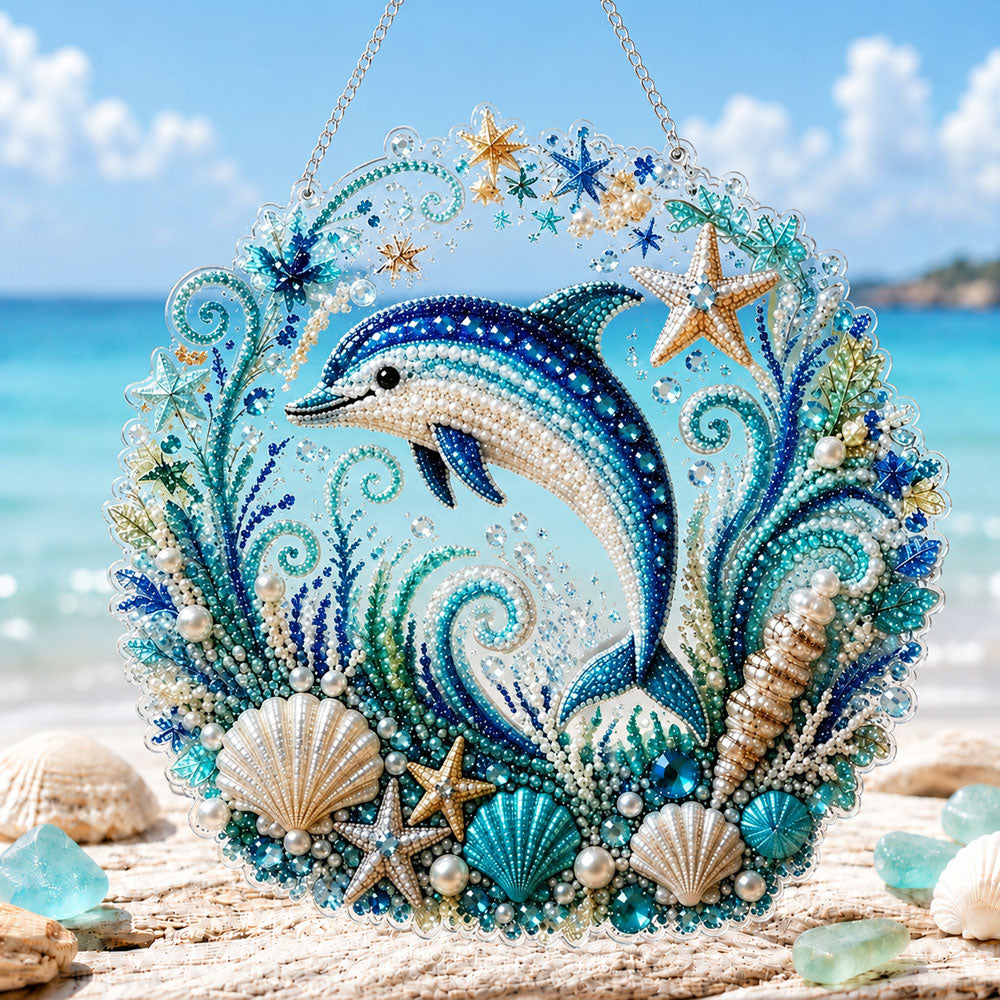 Playful dolphin pearl diamond painting kit for beginners