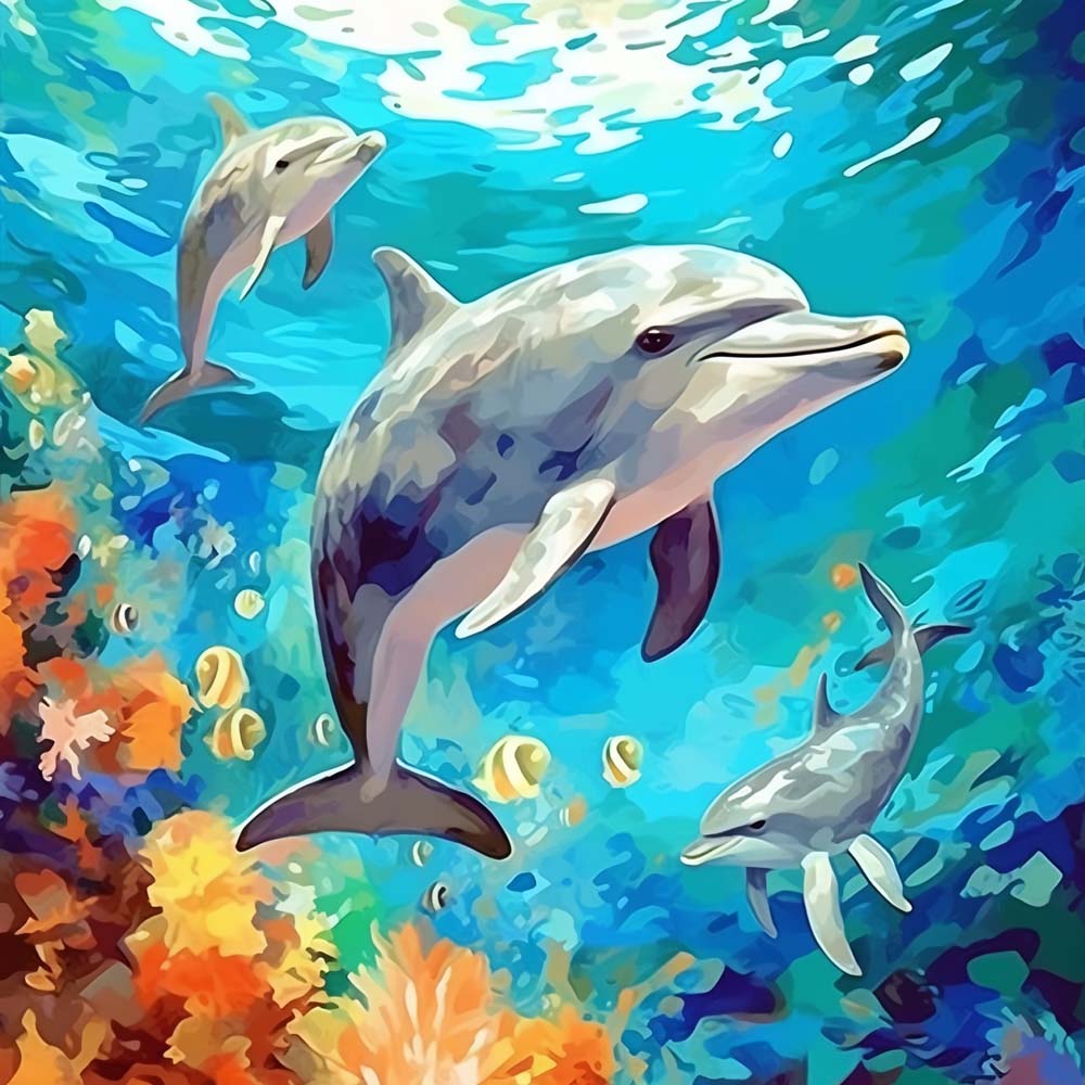 Playful dolphins ocean art cross stitch kit for beginners