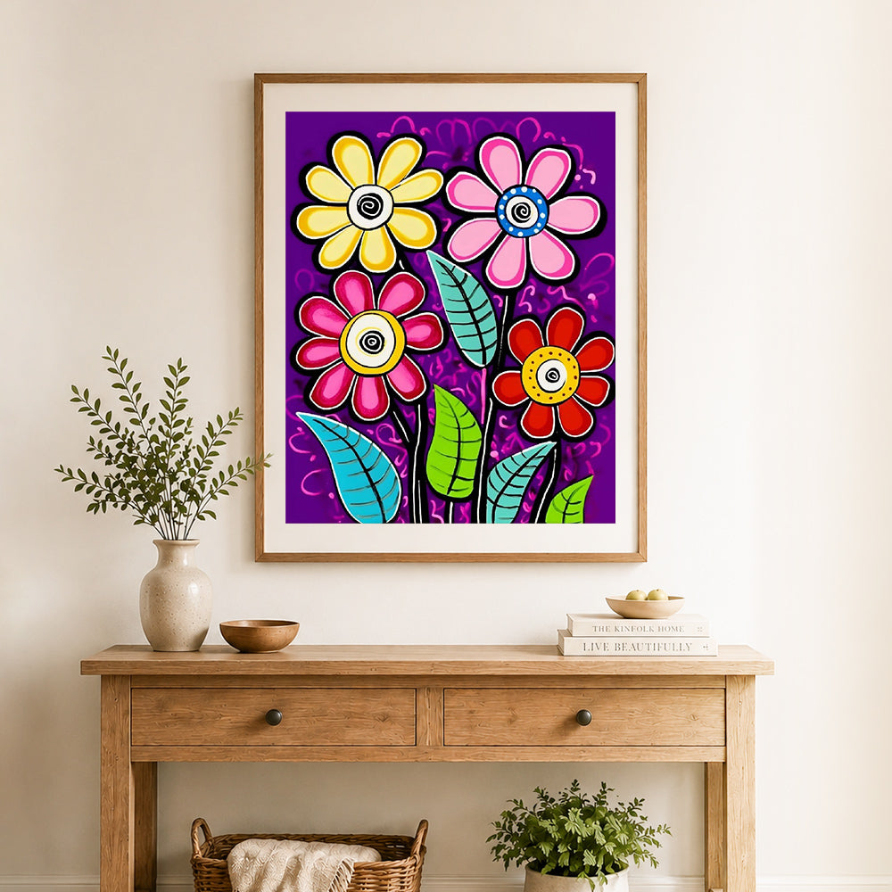 Finished playful floral art cross stitch artwork displayed as home decor