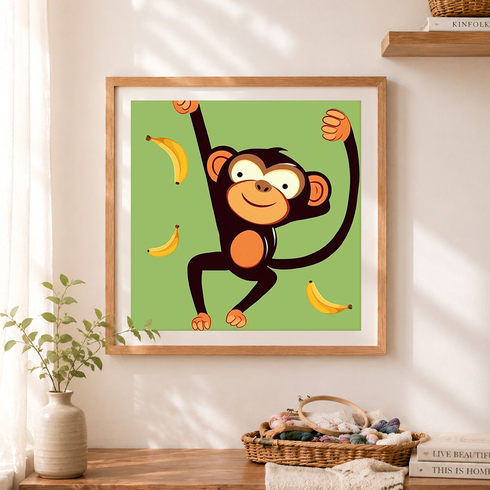 Finished playful monkey with bananas cross stitch artwork displayed as home decor
