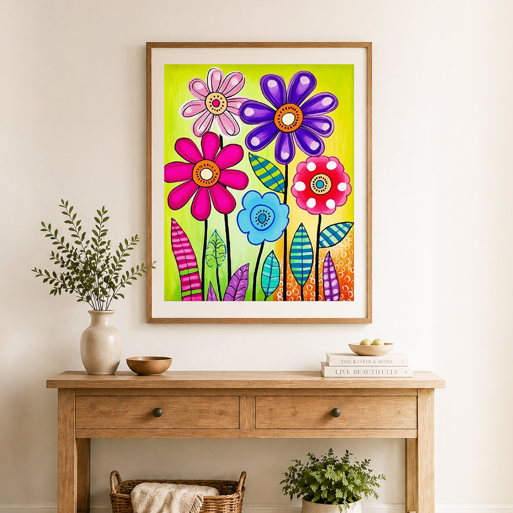 Finished playful multicolor flowers cross stitch artwork displayed as home decor