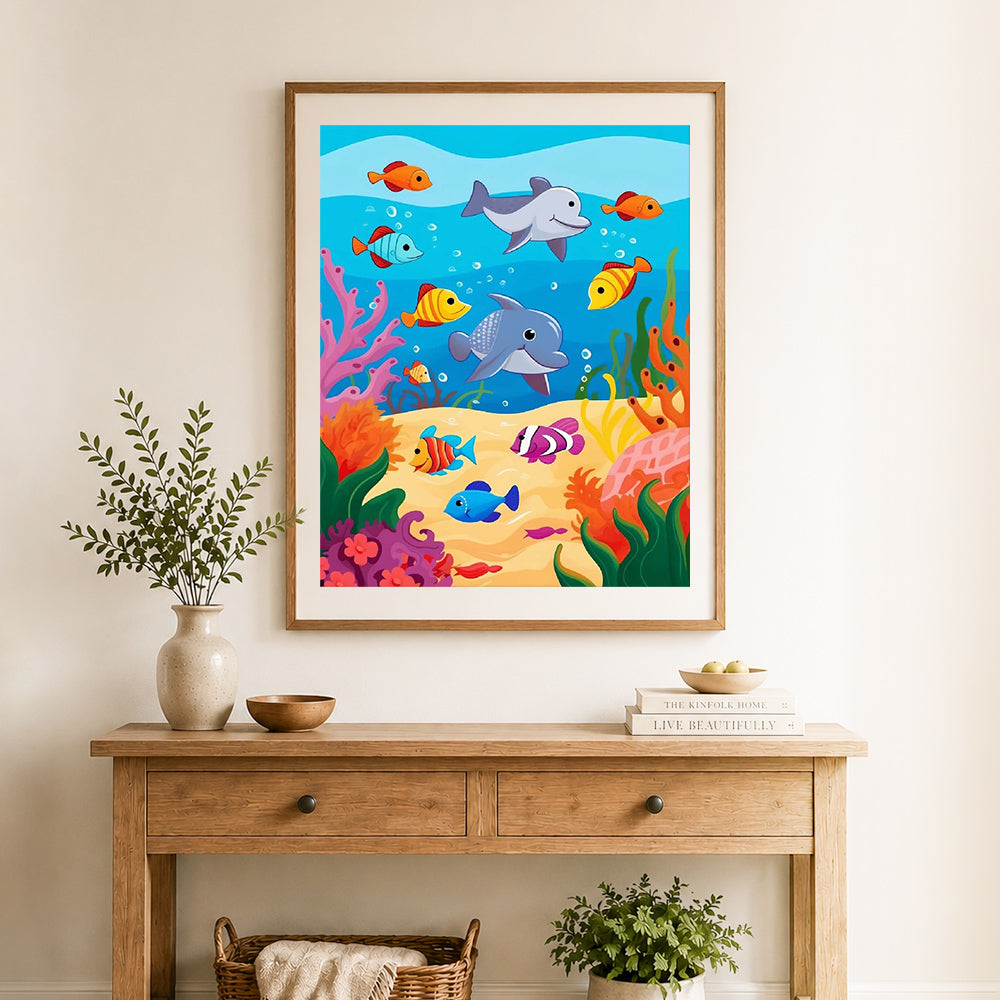 Finished playful ocean creature party cross stitch artwork displayed as home decor