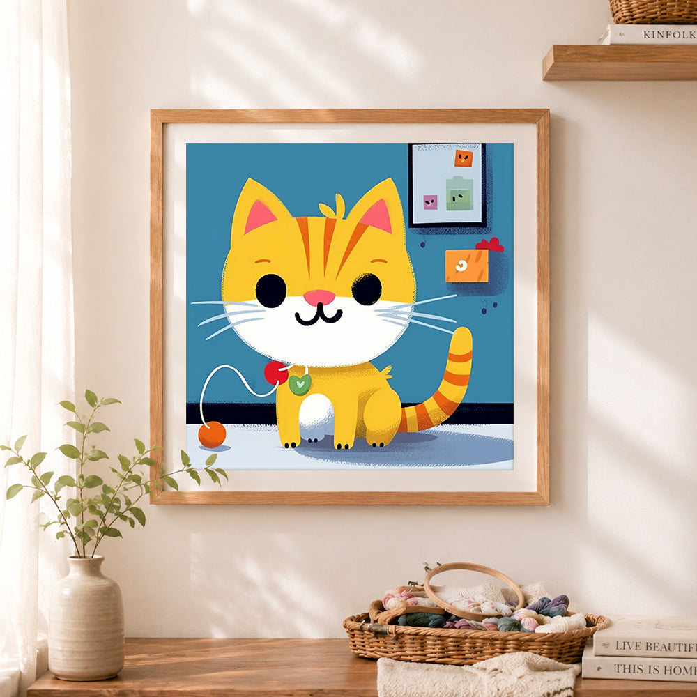 Finished playful orange kitten cross stitch artwork displayed as home decor