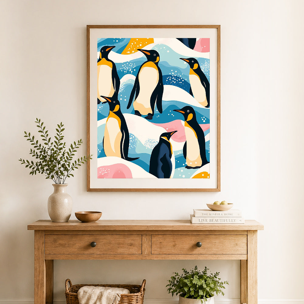 Finished playful penguin pattern cross stitch artwork displayed as home decor