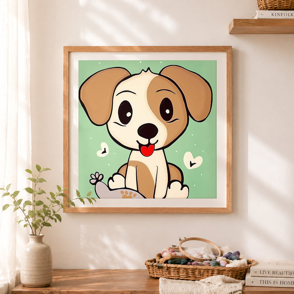 Finished playful puppy illustration cross stitch artwork displayed as home decor