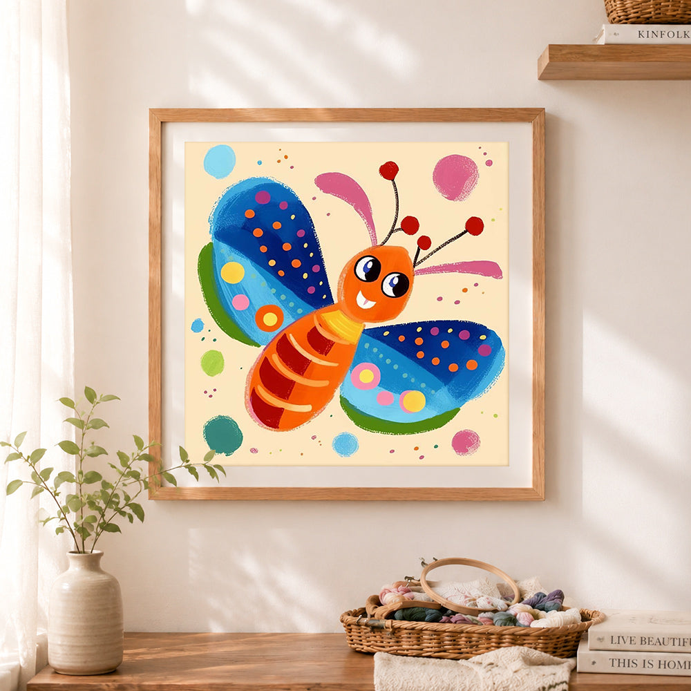 Finished playful smiling butterfly cross stitch artwork displayed as home decor