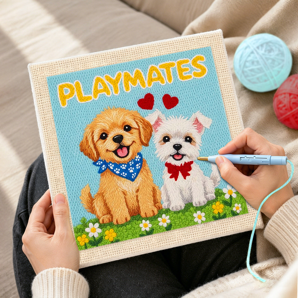 Creating handmade "PLAYMATES" puppy punch needle artwork