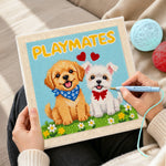Creating handmade "PLAYMATES" puppy punch needle artwork