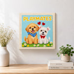 Finished "PLAYMATES" puppy artwork displayed on a wall