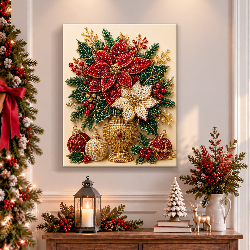 Finished poinsettia holiday blooms pearl diamond painting artwork displayed as holiday home decor