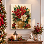 Finished poinsettia holiday blooms pearl diamond painting artwork displayed as holiday home decor