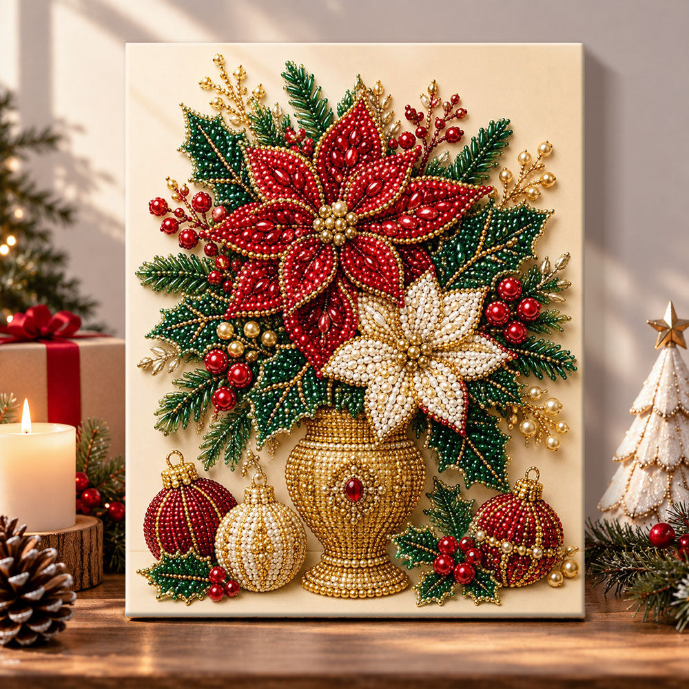Poinsettia holiday blooms pearl diamond painting kit for beginners