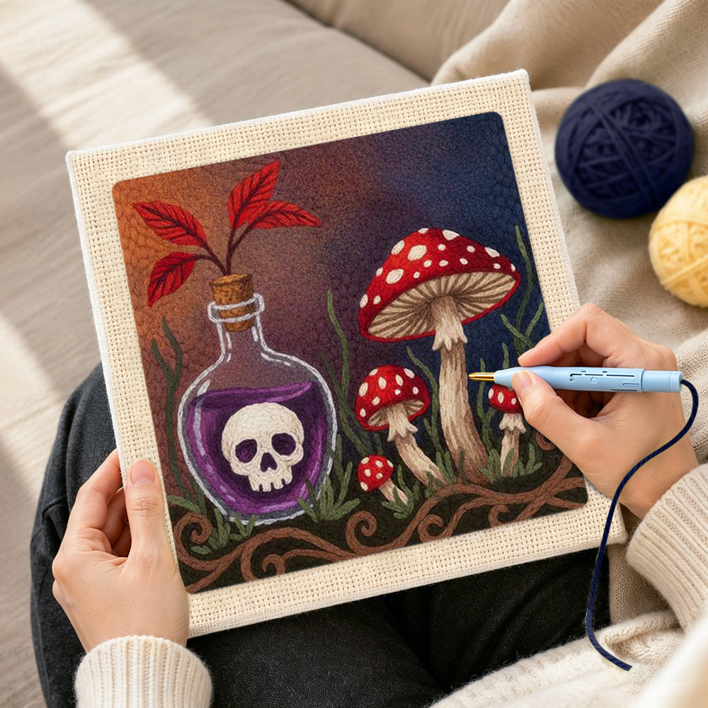 Creating handmade poison bottle and wild mushrooms punch needle artwork