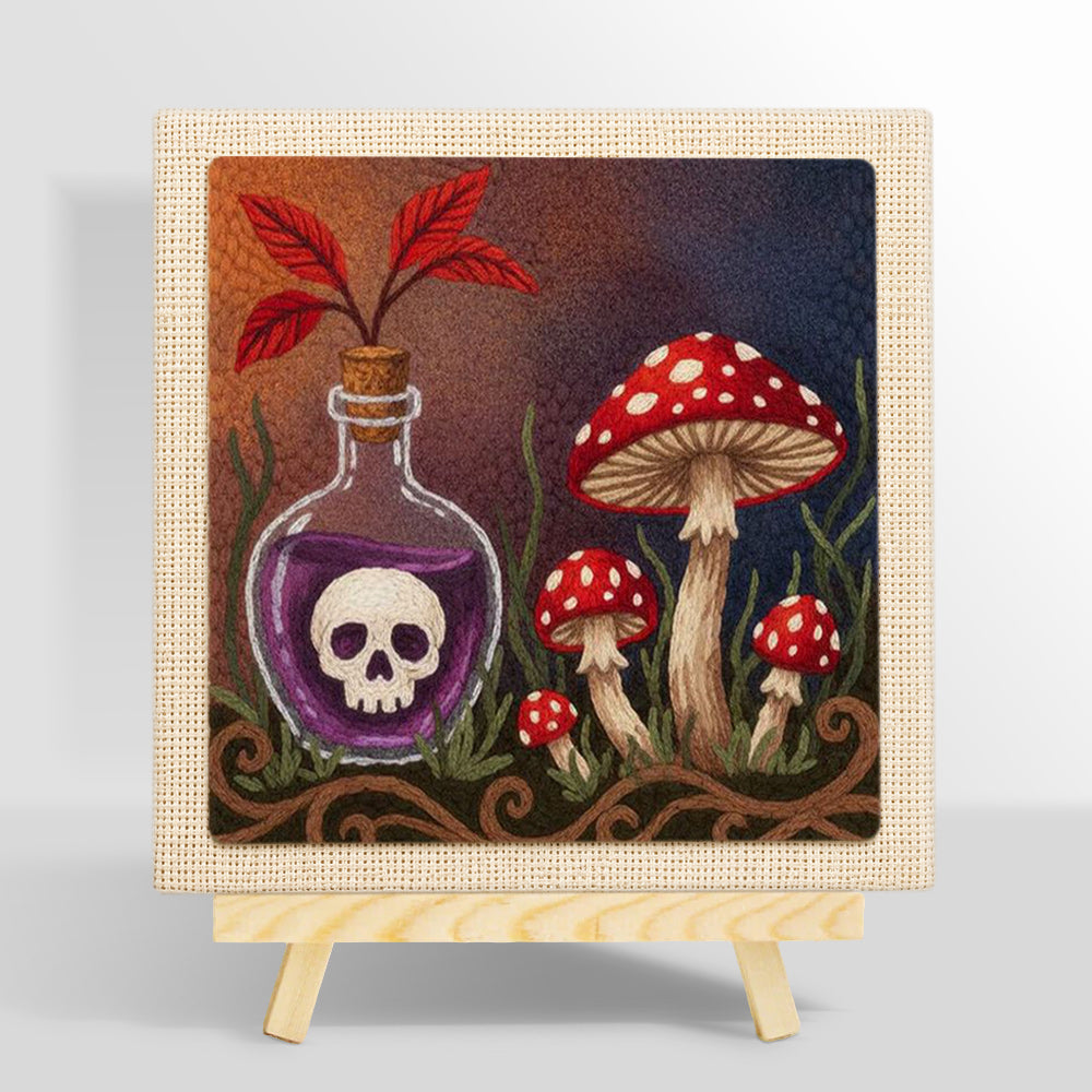 Poison bottle and wild mushrooms punch needle kit for beginners
