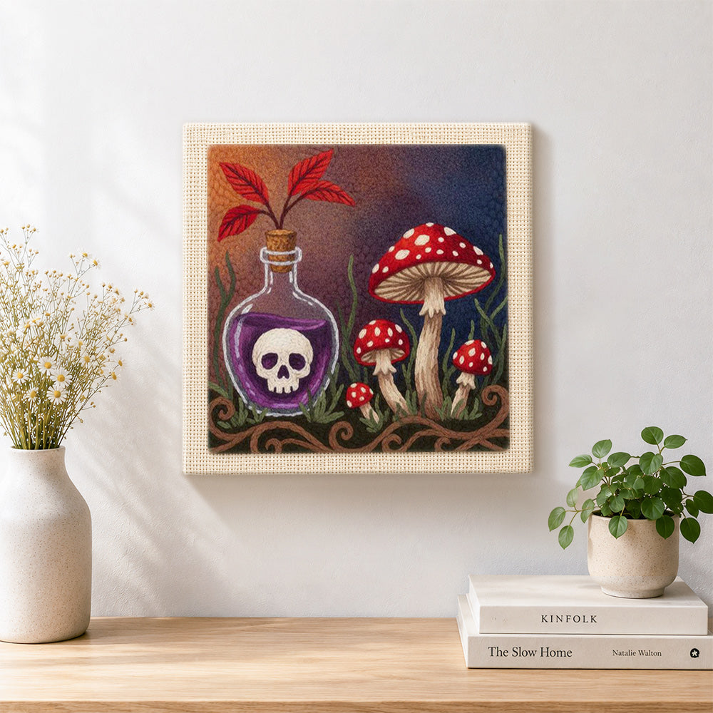 Finished poison bottle and wild mushrooms artwork displayed on a wall