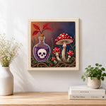 Finished poison bottle and wild mushrooms artwork displayed on a wall