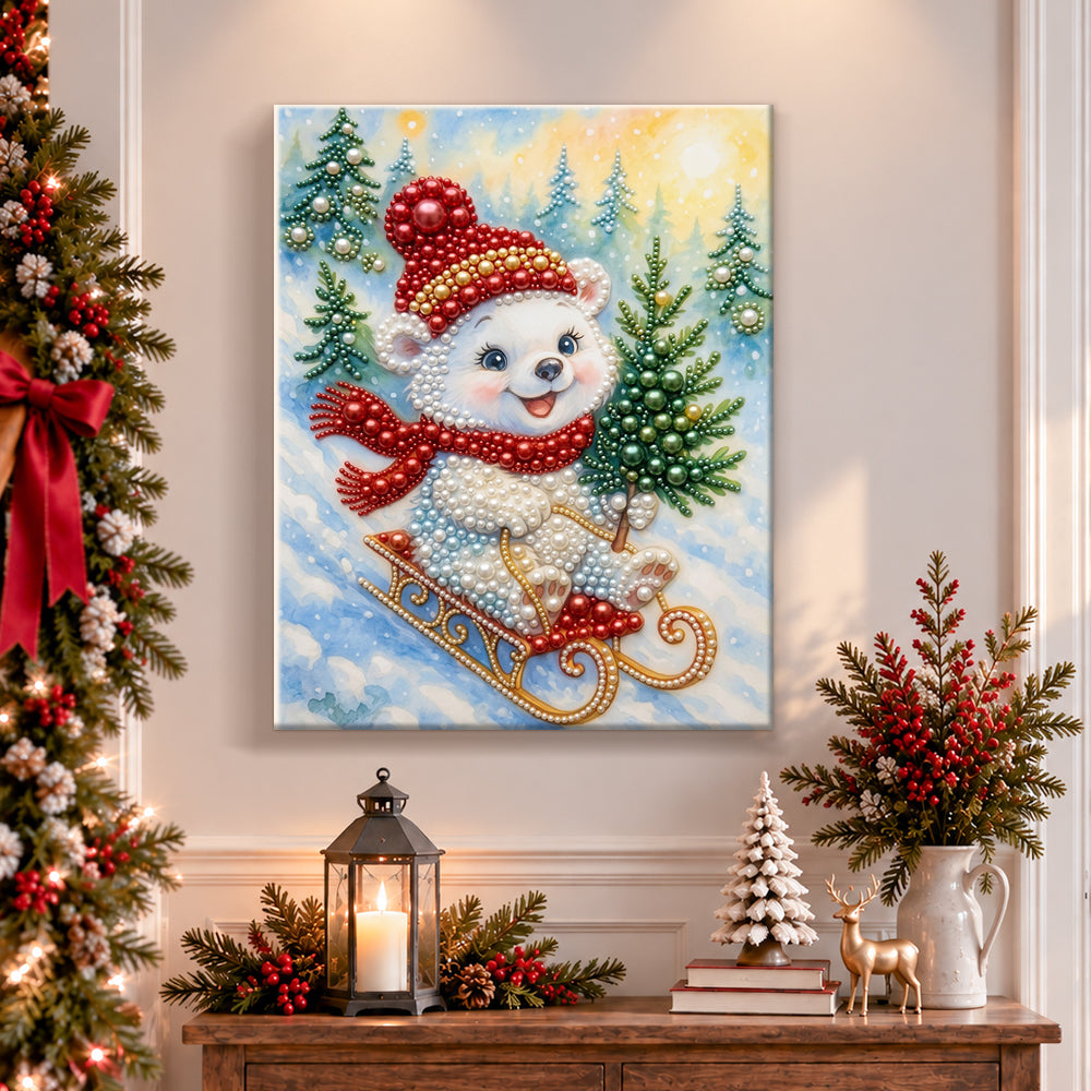 Finished polar bear sledding in snow pearl diamond painting artwork displayed as holiday home decor