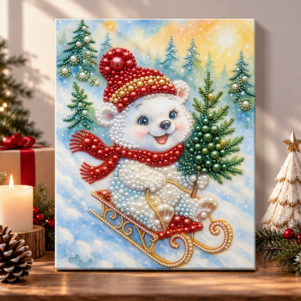 Polar bear sledding in snow pearl diamond painting kit for beginners