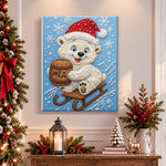 Finished polar bear with honey barrel pearl diamond painting artwork displayed as holiday home decor