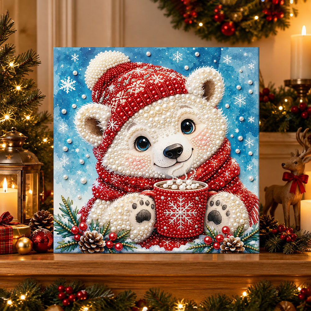 Finished polar bear with hot cocoa pearl diamond painting artwork displayed as holiday home decor