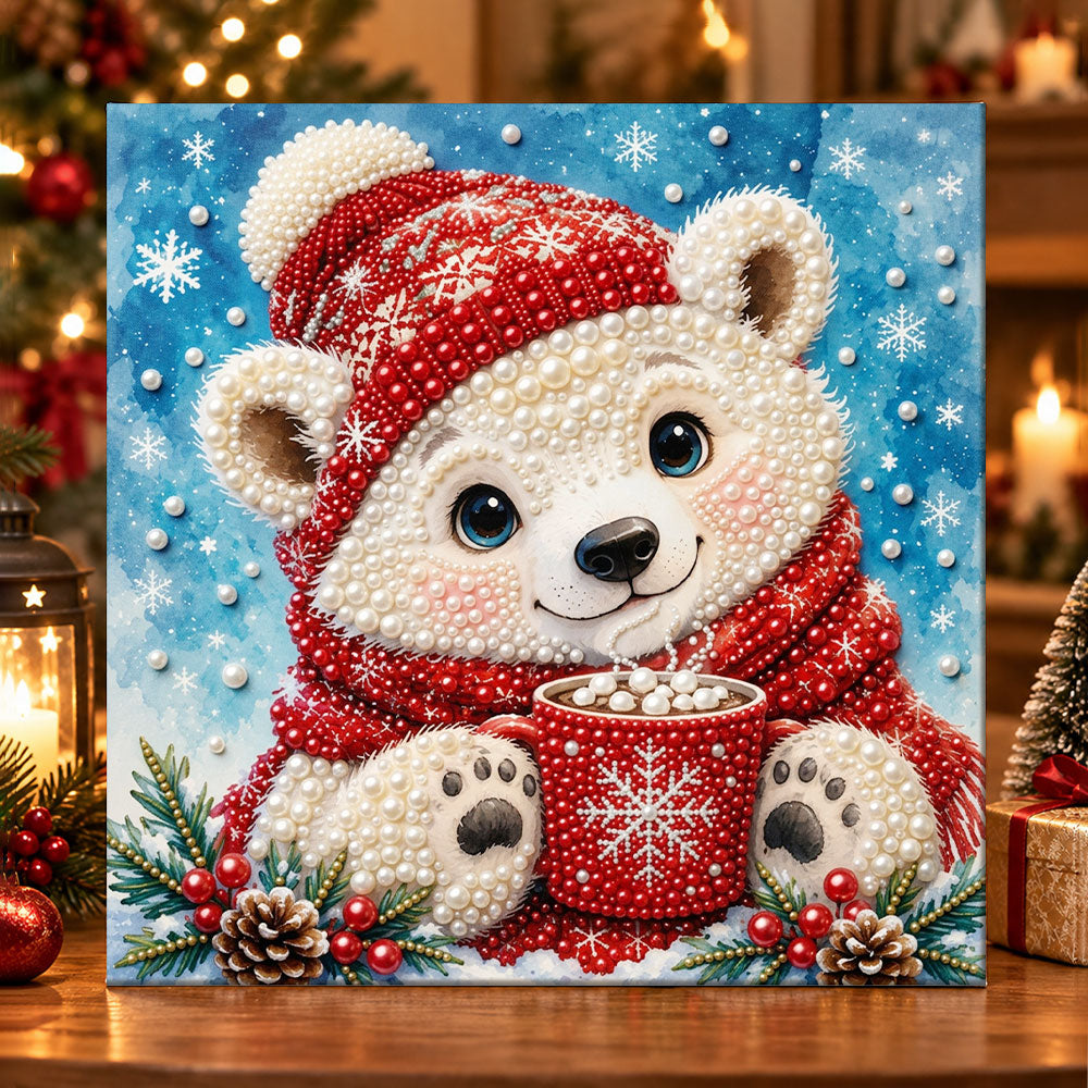 Polar bear with hot cocoa pearl diamond painting kit for beginners
