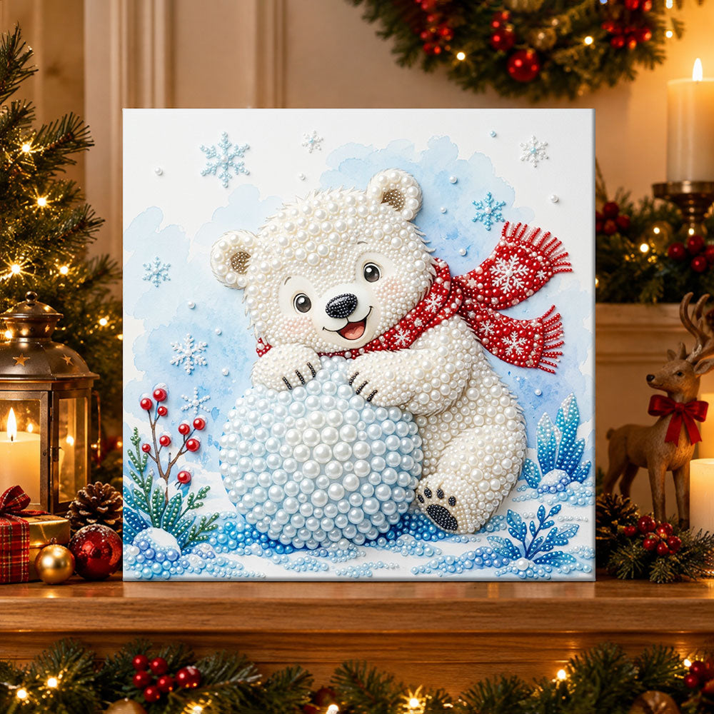 Finished polar bear with snowball pearl diamond painting artwork displayed as holiday home decor