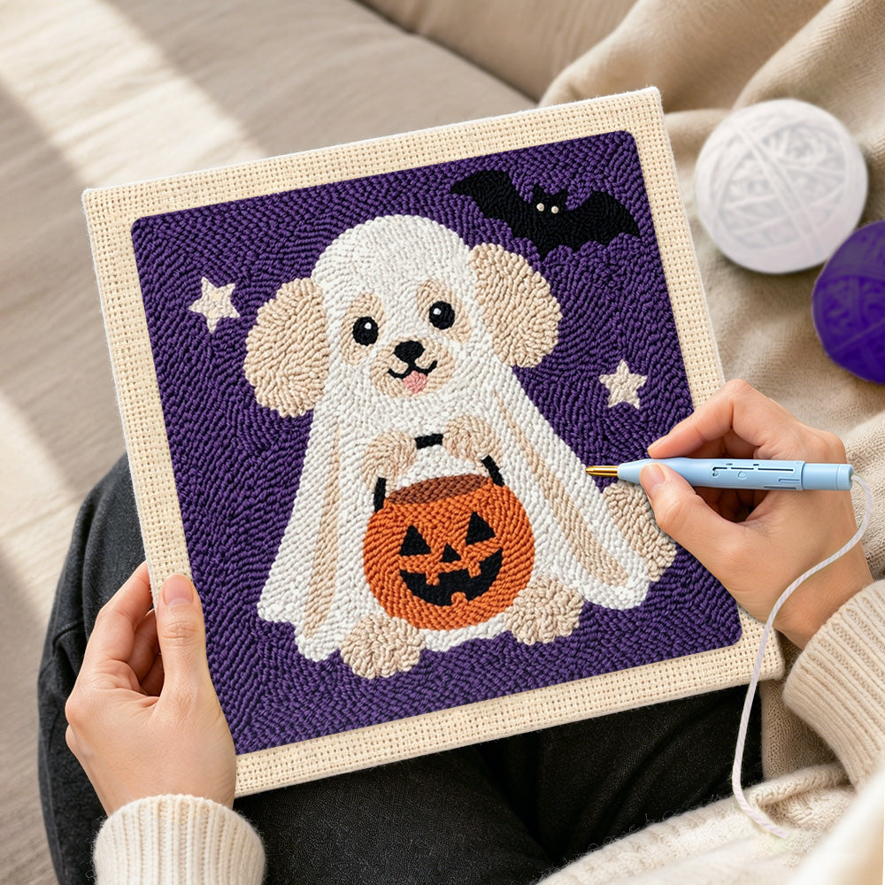 Creating handmade poodle ghost trick or treat punch needle artwork