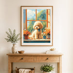 Finished poodle on sunny windowsill cross stitch artwork displayed as home decor