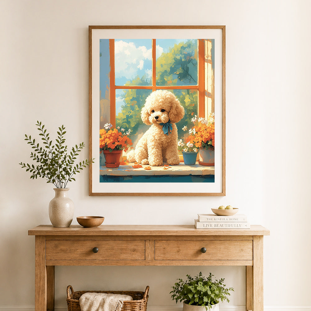 Finished poodle on sunny windowsill cross stitch artwork displayed as home decor