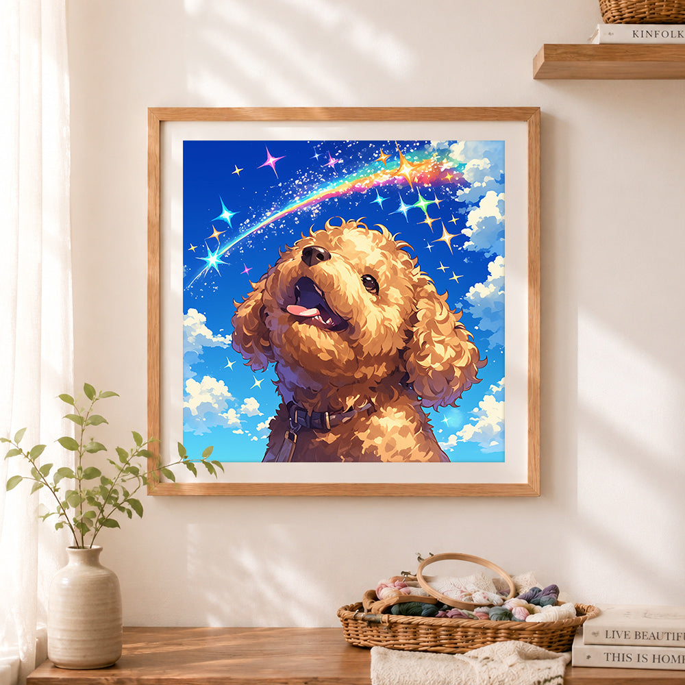 Finished poodle under rainbow sky cross stitch artwork displayed as home decor
