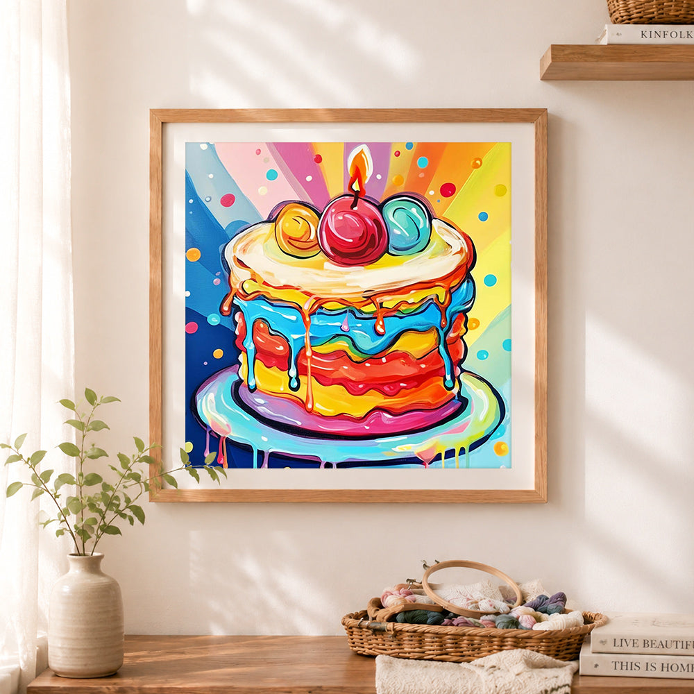 Finished pop‑art birthday cake cross stitch artwork displayed as home decor