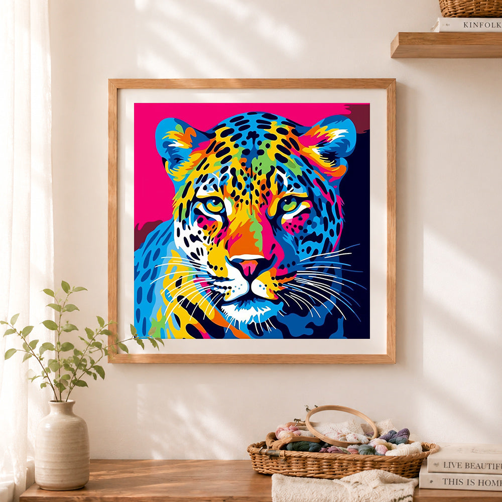 Finished pop‑art colorful leopard portrait cross stitch artwork displayed as home decor