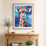 Finished pop art cool giraffe cross stitch artwork displayed as home decor