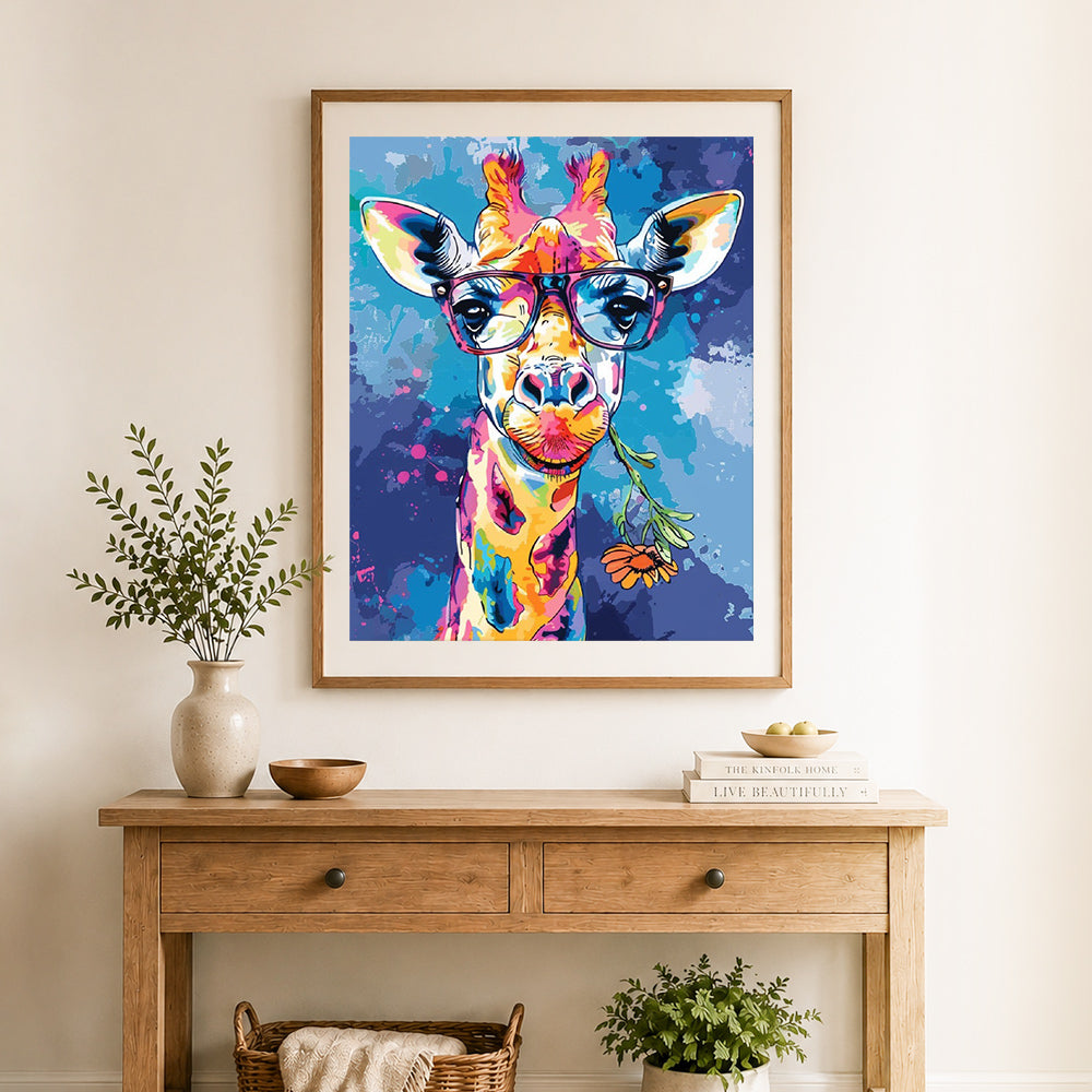 Finished pop art cool giraffe cross stitch artwork displayed as home decor