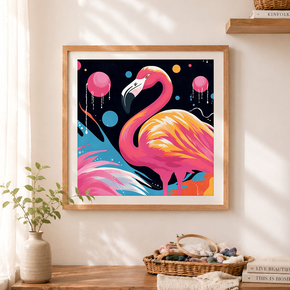 Finished pop art flamingo illustration cross stitch artwork displayed as home decor