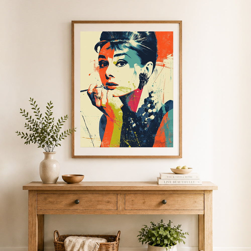 Finished pop art icon cross stitch artwork displayed as home decor
