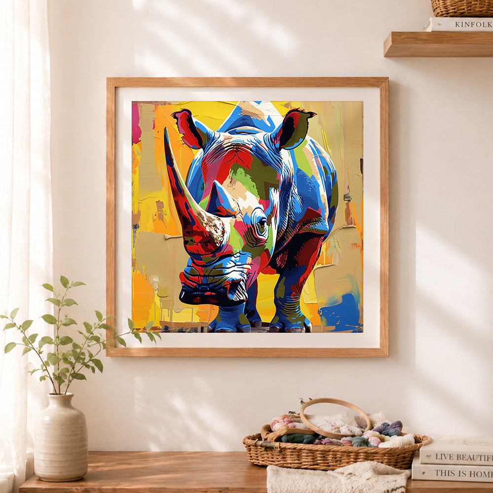 Finished pop art rhino cross stitch artwork displayed as home decor