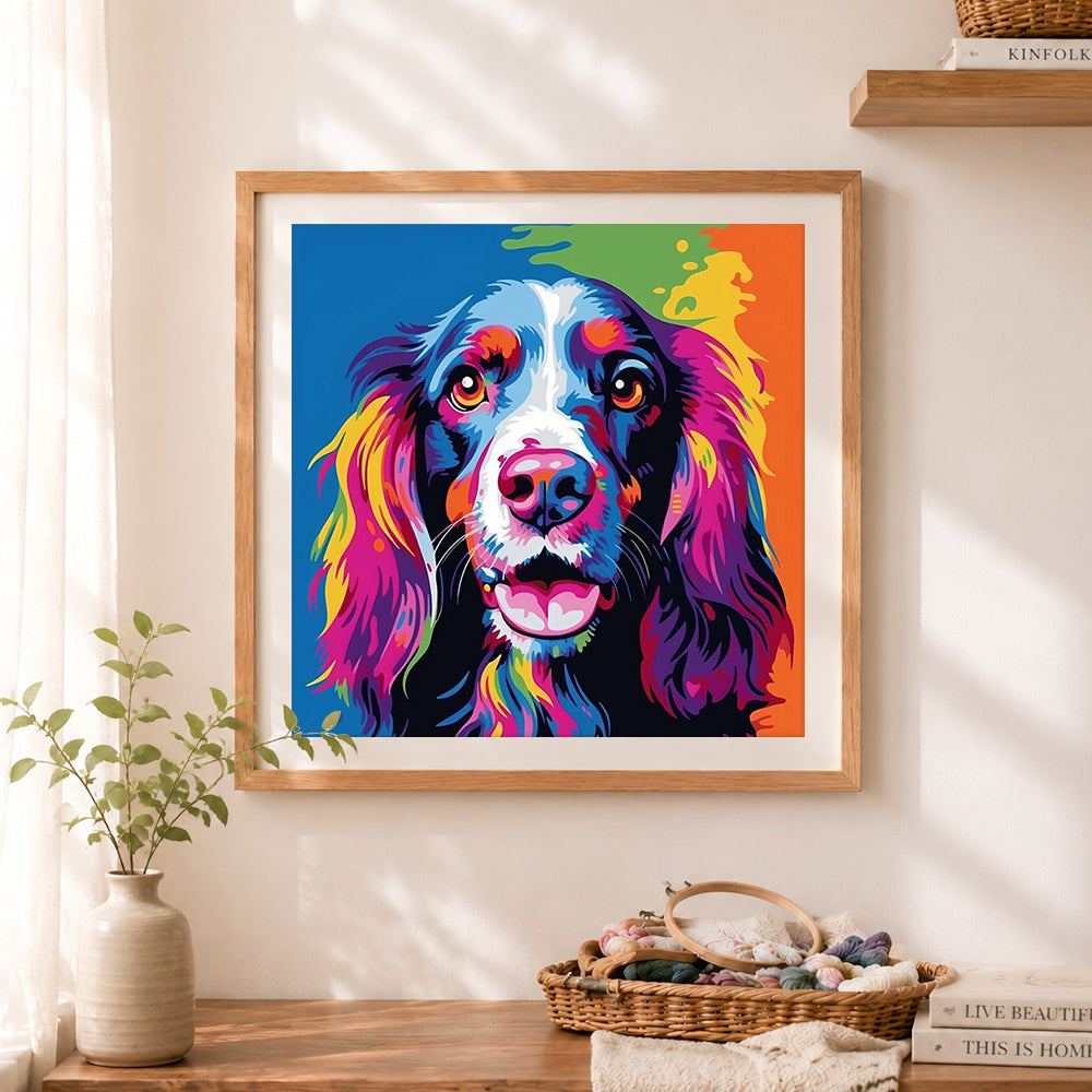 Finished pop‑art spaniel dog cross stitch artwork displayed as home decor