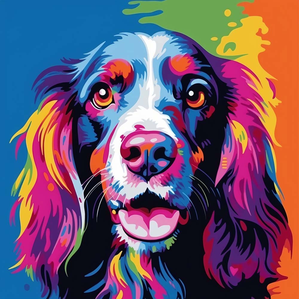 Pop‑art spaniel dog cross stitch kit for beginners