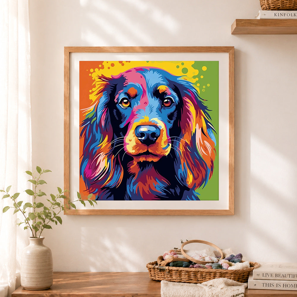 Finished pop‑art spaniel portrait cross stitch artwork displayed as home decor